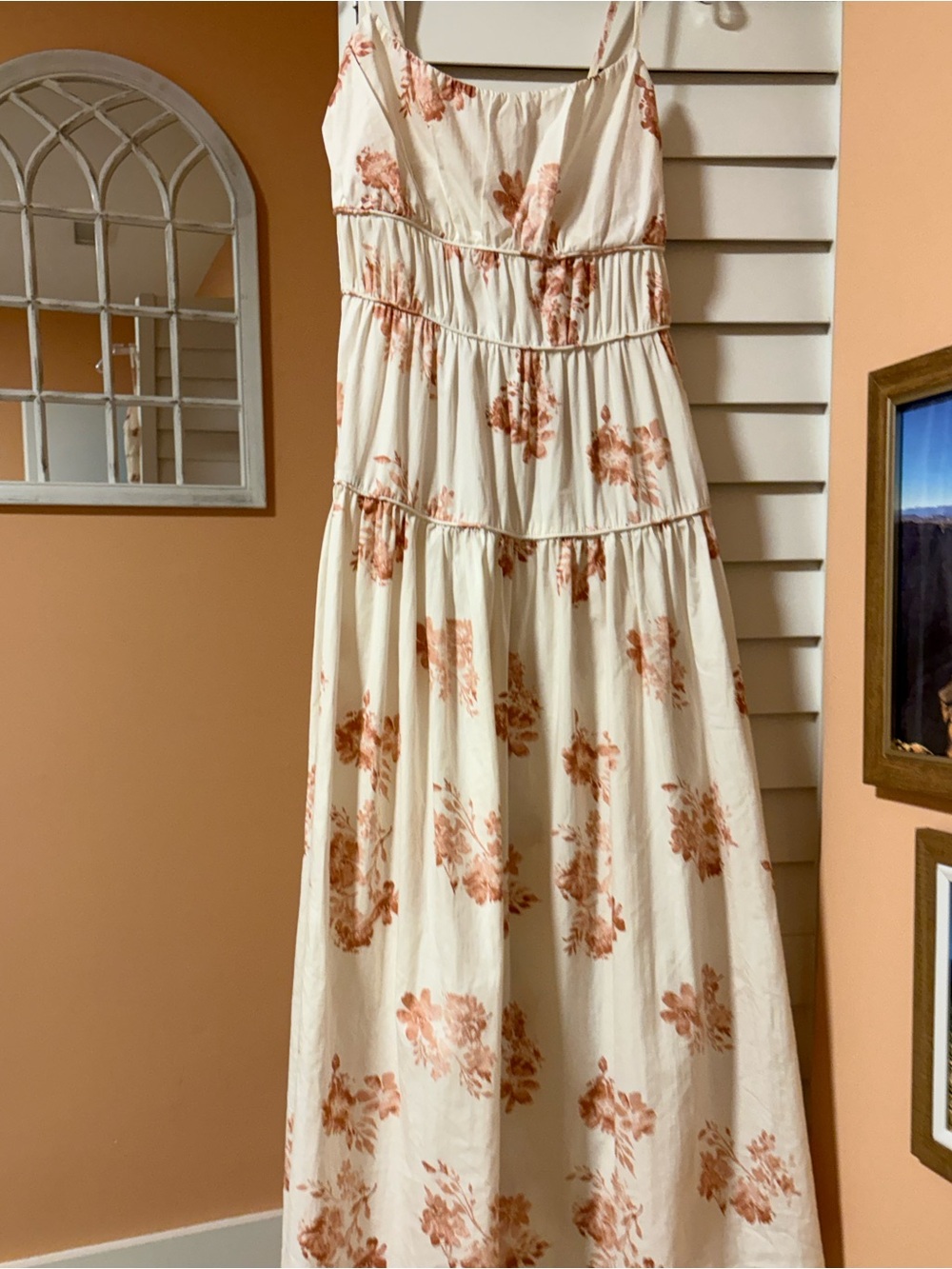 Cream Floral Tiered Maxi Dress with Rust-Pink Blooms